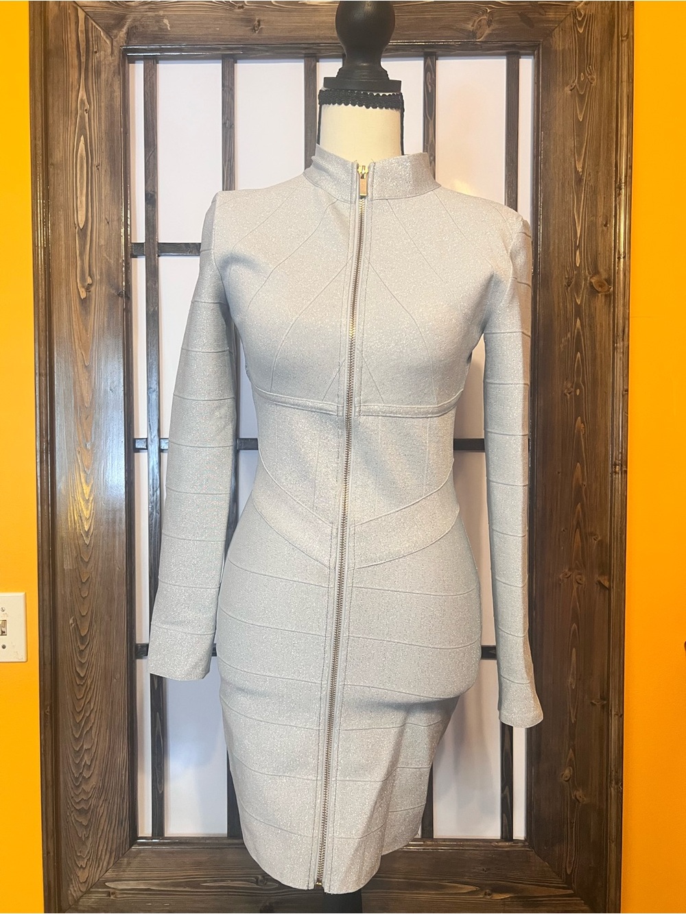 Long-Sleeve Silver Zip-Front Bodycon Dress